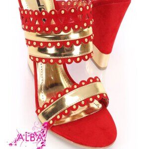 ALBA shoes red and gold, studded.chumky heel, size 10